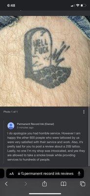 The owners response to my clearly dissatisfied review.