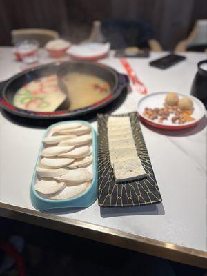 Mushrooms, tofu and broth.