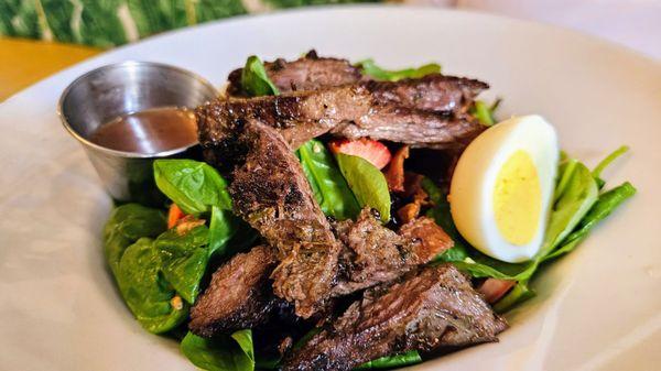 Spinach Salad- strawberries, egg, onion. Addition of medium steak. Good.