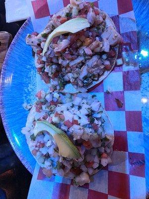 1 Tostada Ceviche (not spicy), 1 Tostada Oriental (spicy)