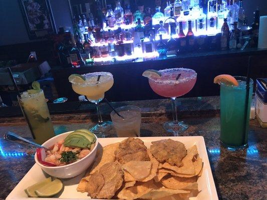 Ceviche w/ tostones. Margarita, Mojito, & Twisted Falcon