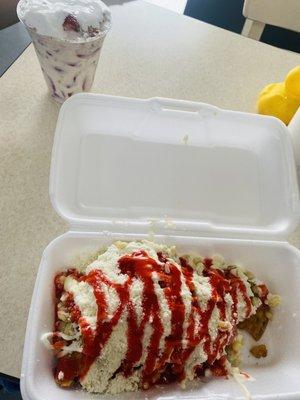 Tosti elote with chamoy on top and Fresca con crema