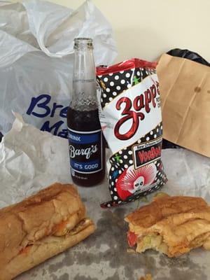 8" Shrimp po boy, Barq's, and Zapp's.