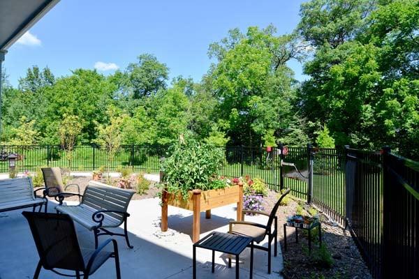 Our back patio for our residents to enjoy at Kingsley Shores Senior Living in Lakeville.