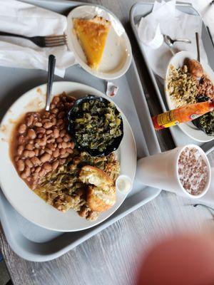 Crawdads over rice, pinto beans, greens and sugar pie with a sweet tea