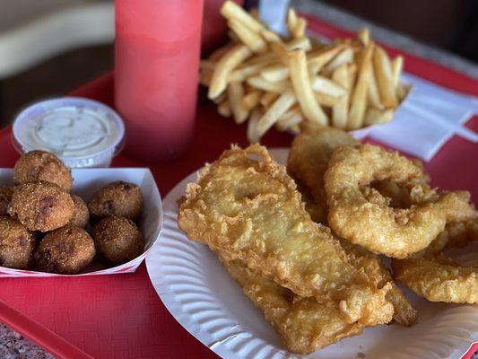 3 Fish and 3 Shrimp combo with chips and hushpuppies. Plenty to share.