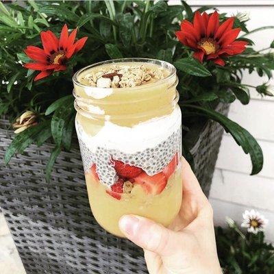 Peach Cashew Cream with a scoop of chia pudding