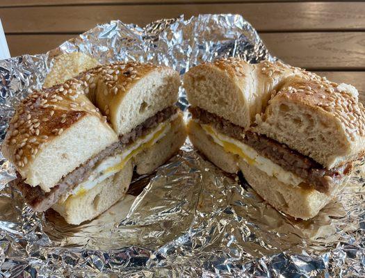Sausage & Egg on a sesame bagel