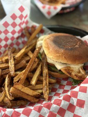 Grilled chicken sandwich with a separate order of home fries. Chicken was very tough. Nice atmosphere and small town feel