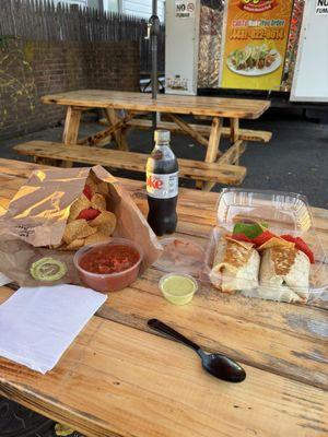 Burrito, chips and salsa and a Diet Coke $24.50