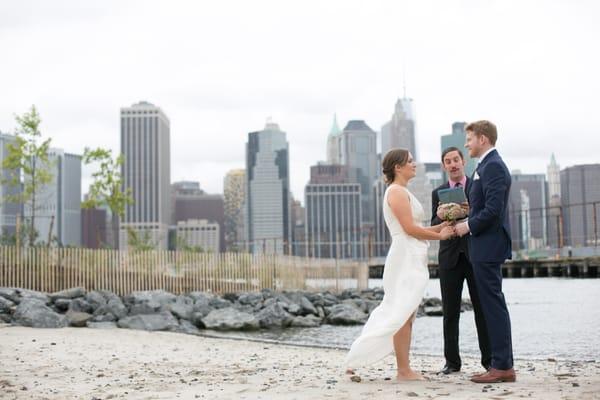 wedding on secret beach in brooklyn overlooking NYC skyline