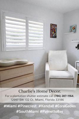 In this beautiful baby's bedroom in South Miami, Florida, we installed two white hidden-tilt plantation shutters.