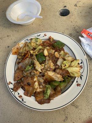 Twice cooked pork belly. Very tender, a little heat. Just a bit oily