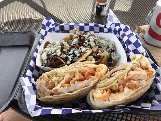 Buffalo chicken wrap and chip with balsamic and Gorgonzola.
