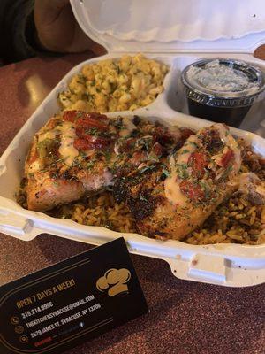 Salmon over dirty rice with Mac & cheese & a cup of amazing dill slaw. Amazing!!