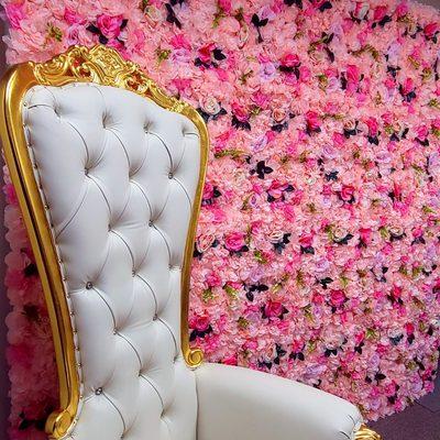 Pink Flower backdrop rental with gold throne