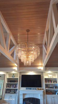 600+ Crystal RH chandelier installed for a very happy customer!