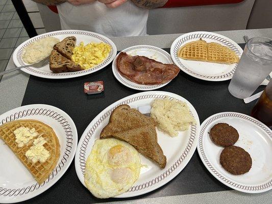 Shared Waffle, All-star breakfast, country ham & 2 egg breakfast