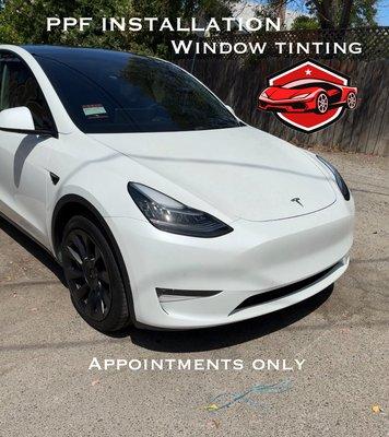 Tesla model y. Full front PPF. Windshield tinting. Front windows 50%. Solar Gard window films.