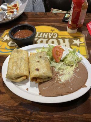Beef Chimichangas with Refried beans/ Salad.