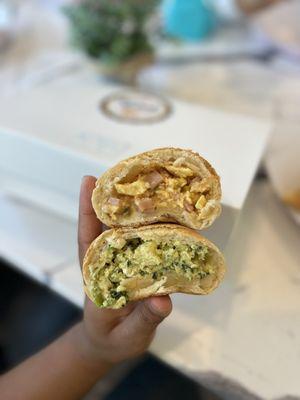 Top: Southwest - Ham, Egg, Cheese, Salsa & Jalapeno Bottom: Spinach Egg & Feta Both are $2.98 each. IG: @ohmyono