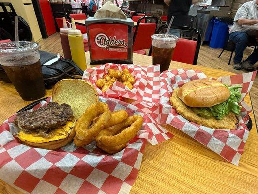 Smashburger with bacon, cheese and onion rings, pork loin sandwich and tot medallions