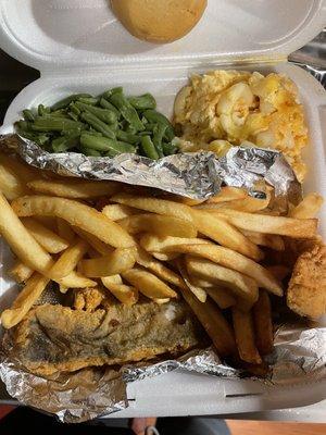 Mac and cheese, green string beans, French fries and fish