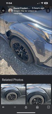 Photo of fender flare right after it separated on passenger side due to faulty install at Kameleon Monkey Collision Inc.