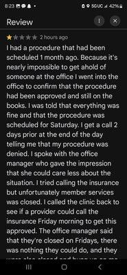 Original review that had to be deleted to continue being seen as a patient