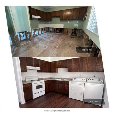 When the insurance claim only covered repairs to damaged lower cabinets, our crew refinished top and bottom to match on this recon job.