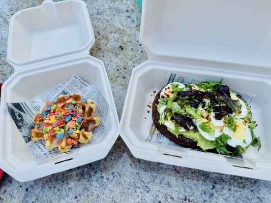 Cereal waffle and Avocado Toast