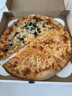 Half olive, half cheese. Good size, fresh ingredients. Little on the salty side.