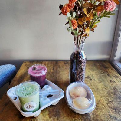 Iced Matcha, Velvet Hibiscus, Pandebono