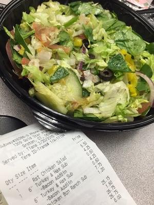 It says roasted chicken salad on the receipt. Where is my chicken at? Is anyone in charge of quality control on the orders?
