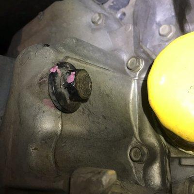 Pink Loctite thread sealant on the oil pan screw, do not trust this place