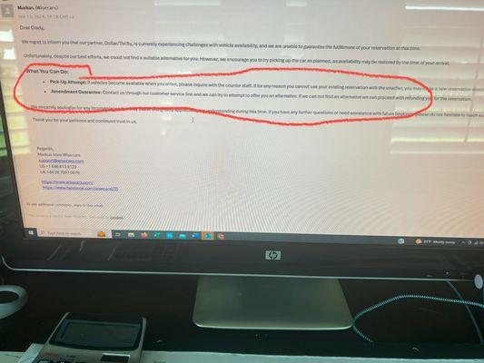 Email about vehicle availability