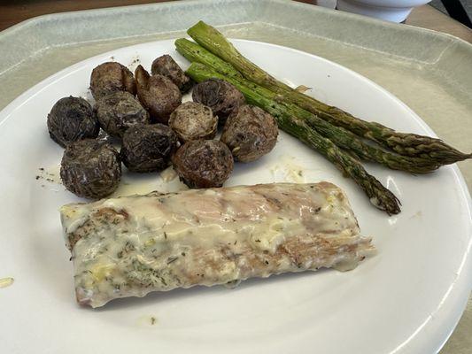 Baked salmon, asparagus, Brussels sprouts.