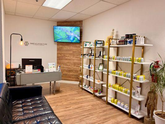 Welcome to our waiting area. Peaceful waterfall and ambient lighting to bring you comfort.