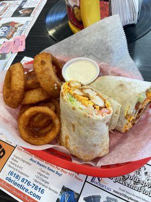 Buffalo Chicken Wrap and mind blowing Onion Rings