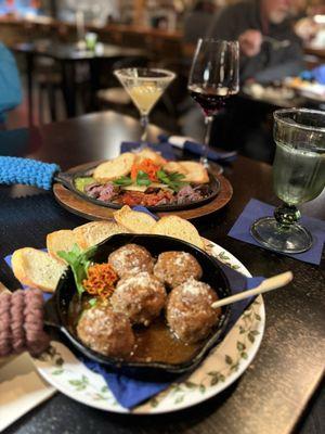 Elk bruschetta, elk meatballs, Lemontinis and the best Old-fashioned around
