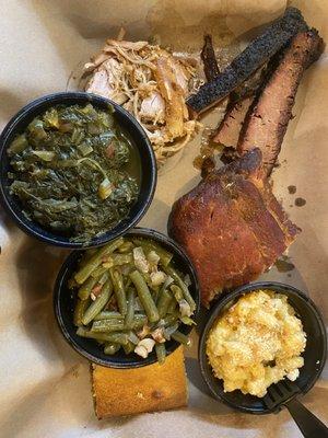Brisket/chicken/ribs. Green beans. Mac and cheese. Collard greens.