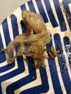 Found in the Drunken Noodles we ordered tonight: a piece of plastic wrap that was stir fried along with the rest of the dish. So gross!!
