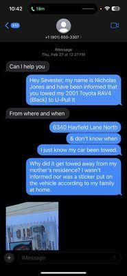 Sylvester confirming he and Joshua Brown towed my vehicle without my consent. Sylvester then sold it to a junk yard for a quick buck.