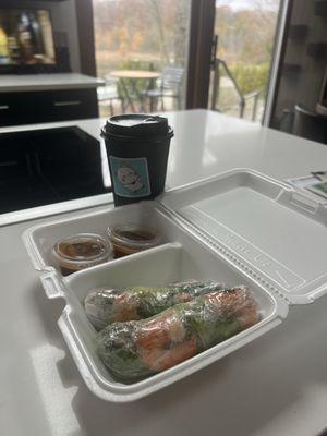 Vietnamese coffee, shrimp and pork fresh rolls