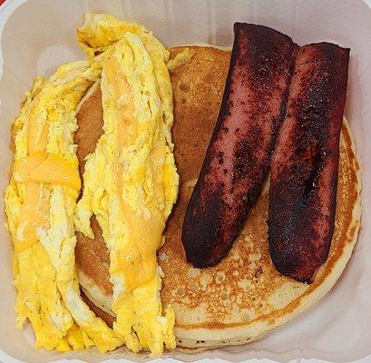 Pancakes, Eggs and Turkey Sausage.