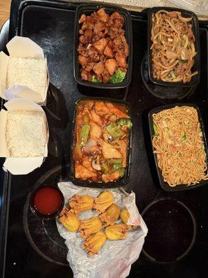 $58 total: crab rangoons, sesame chicken, Mongolian beef (mostly onions), bean curd w/ garlic sauce, house lo mein, white rice