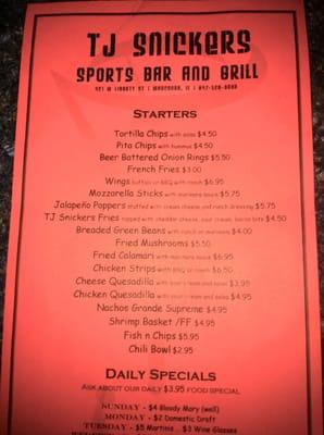 Appetizer, starters and specials menu.