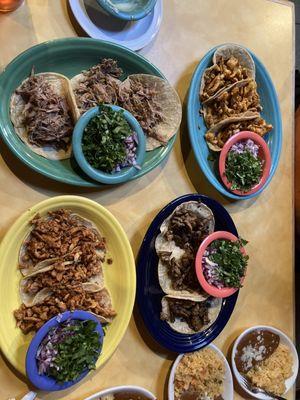 Tacos: Carnitas (pulled pork, made fresh on Saturdays!!!), chicken, steak, and el pastor (marinated pork?)