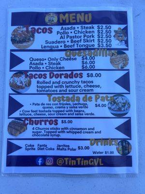 Menu photo with to go phone number