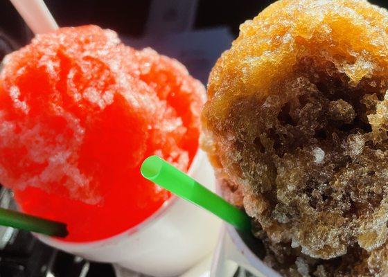 Strawberry banana shave ice with ice cream, cream soda root beer shave ice with ice cream